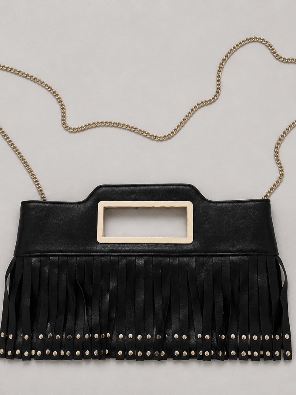 INC International Concepts Black Fringe Clutch with Gold Chain